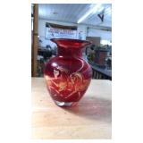 RED GLASS VASES W/GOLD HORSE FIGURINES