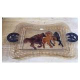 17IN AMBER GLASS TRAY W RAISED RELIEF OF 3 HORSES