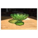 GREEN CUT GLASS PEDESTAL CANDY DISH