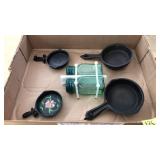 BOX LOT OF MINI CAST IRON SKILLETS & GREEN GLASS