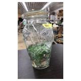 LIDDED GLSS JAR W/ ASST GLASS PEBBLES