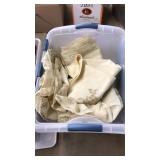 BOX OF ASST. YARN & HAND STITCH TABLE CLOTH,