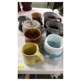 LOT OF ASST. POTTERY MUGS, VASE, TEA POT