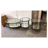 HAMMERED IRON & GLASS COFFEE TABLE & 2 SIDE TABLES