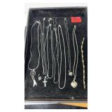 TRAY OF ASST STERLING SILVER NECKLACES & ETC