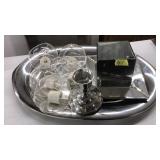 GLASS CANDLE HOLDERS, MIRRORED CUBE, SERVING TRAY