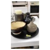 BLACK TRAY WITH ASST. POTTERY VASES & BOWL