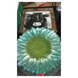 SUNFLOWER CAKE PLATE, COW ART, BEADED MAT