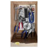 BOX LOT: HOOD RELEASE TOOL, WRENCHES, PLIERS, ETC