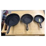 3 CAST IRON SKILLETS: VARIOUS SIZES