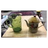 GREEN GLASS PITCHER W/COIN DOT PATTERN & TEA POT