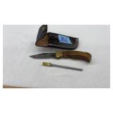 DAMASCUS POCKET KNIFE W/SHEATH & SHARPENER