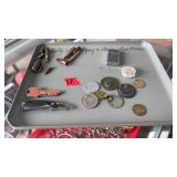POCKET KNIVES, ASST AMMO, LIGHTER, COINS & ETC