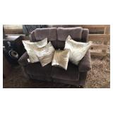 BROWN UPHOLSTERED LOVE SEAT WITH PILLOWS