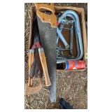 FLAT OF ASST. TOOLS: SAWS, LOPERS, ETC