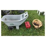 LAWNCART, GAS CAN AND BASKET W/CONTENTS