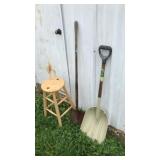 2 SHOVELS AND WOODEN STOOL