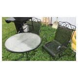 GLASS TOP WROUGHT IRON TABLE W/2 CHAIRS