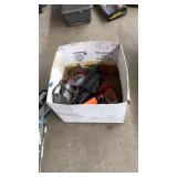 BOX OF ASST ELEC TOOLS, DRILLS, JIGSAW, TORCH SET