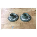 WEDGWOOD WHITE ON GREEN JASPERWARE CANDLE HOLDERS