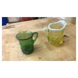 URANIUM GLASS PITCHER & GREEN GLASS MUG