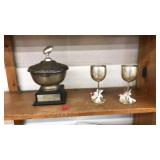 FOOTBALL TROPHY & 2 SILVER PLATE STEMWARE