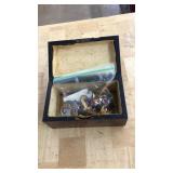 WOOD JEWELRY BOX W/ ASST MILITARY PINS & ETC