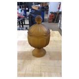 VTG AMBER HOBNAIL LIDDED CANDY JAR