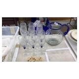 BLUE BLUE & CLEAR GLASS PITCHER & STEMWARE SET