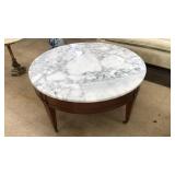 MARBLE TOP MAHOGANY COCKTAIL TABLE ON WHEELS