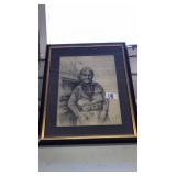 FRAMED CHARCOAL PRINT NAVAJO WOMEN BY M. MERRIGAN
