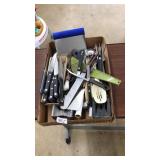 FLAT OF ASST KITCHEN KNIVES & UTENSILS
