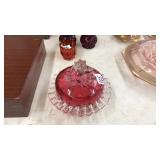 CRANBERRY & CLEAR LIDDED FENTON CANDY DISH