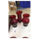 3 PC RUBY RED GLASS VASES