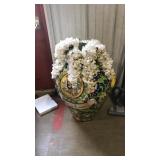 LARGE POTTERY URN W FAUX WHITE FLOWER DECORATION