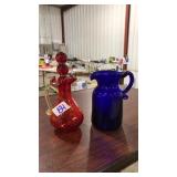 CRACKLE GLASS RED PITCHER & COBALT BLUE PITCHER