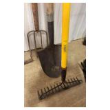 3 HAND TOOLS- RAKE, SHOVEL, GARDEN FORK