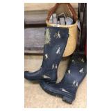WICKER BASKET, ASST BOOKS, RAIN BOOTS SIZE 7.5
