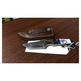 KNIFE W/ BLUE WOOD HANDLE & LEATHER SHEATH