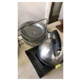 ANTQ. PIE TINS W/CARRIER, 2 BAKE PANS, TEA POT