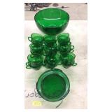 GREEN DEPRESSION GLASS: PUNCHBOWL, CUPS, PLATE