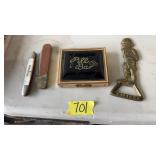 VNTG. PILL BAR BOX, 2 POCKET KNIVES, BRASS OPENER