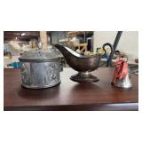3PC. SILVERPLATE: TRINKET DISH, BELL, GRAVY BOAT