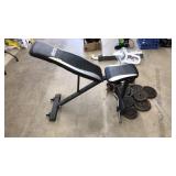 WORKOUT BENCH WITH ASST. WEIGHTS, BAR, DUMBELL