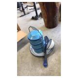 VNTG. BLUE ENAMELWARE 3 TIER CARRIER, TRAY, SPOONS