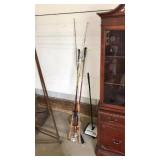 2 FISHING POLES, TENNIS RACKET, SKI POLES, MISC