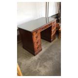VNTG. WOOD PEDESTAL DESK W/GLASS TOP