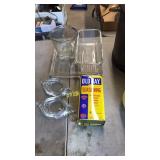 LOT OF GLASS REFRIGERATOR DISHES & OLD BAY TIN