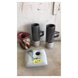 LOT OF POTTERY DECOR: VASE, TALL MUGS, FLOWER FROG