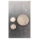 LIBERTY 1922 ONE DOLLAR COIN & 2 DIMES